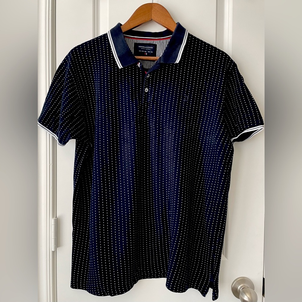DENIM & FLOWER Ricky Singh Men’s Polka Dot Polo Shirt. Size XL slim fit